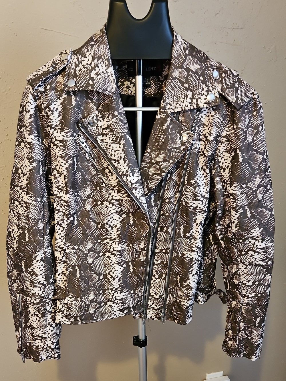 Colleen Lopez Gray & White Snake-Print Moto Jacket